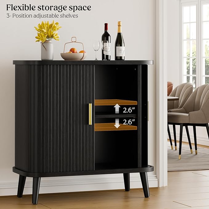 Lulive Black Buffet Cabinet, Sideboard Buffet Storage Cabinet with Sliding Doors, Modern Bar Cabinet for Kitchen & Dining Room