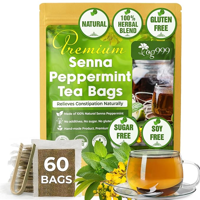 TOG999 60 Tea Bags Relieves Constipation Natural Tea, Blend of Senna Leaves - Peppermint - Licorice - Fennel, 100% Natural Ingrendients, Hand-made Herbal Tea, No Sugar, No Caffeine, No Gluten, Vegan.