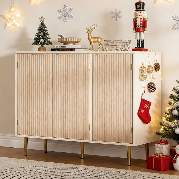 Fluted Sideboard Buffet with 3 Doors, Modern Accent Cabinet with Adjustable Shelves, Kitchen Storage Cabinet with Golden Handles, Coffee Bar for Kitchen, Living Room, Oak