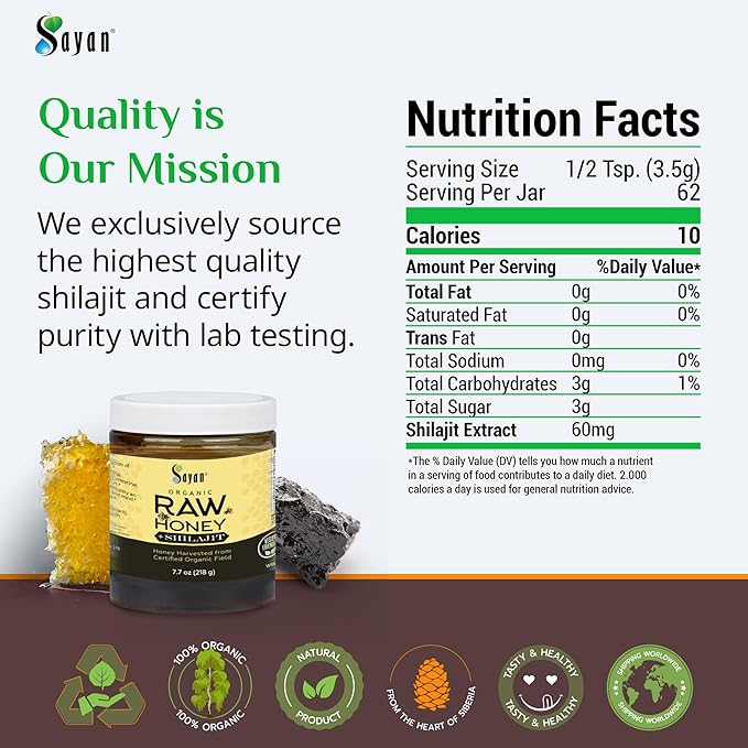 Sayan Organic Honey with Pure Shilajit Resin 7.7 oz /218 g - Potent Fulvic Acid Supplement - Immune System Support, Detox & Natural Energy - Gluten-Free, Non-GMO, All Natural & Tested