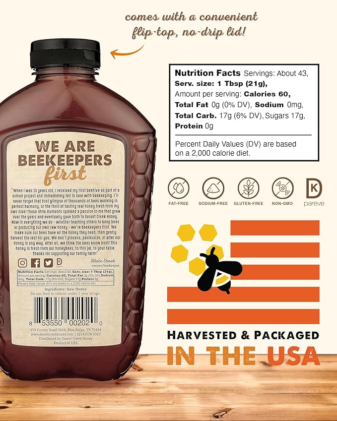 Desert Creek Honey - 100% Unfiltered, Pure, Raw Honey from Texas - Natural Sugar Substitute - Two Pounds of Unprocessed, Unpasteurized American Honey - Harvested by Our Own Beekeepers