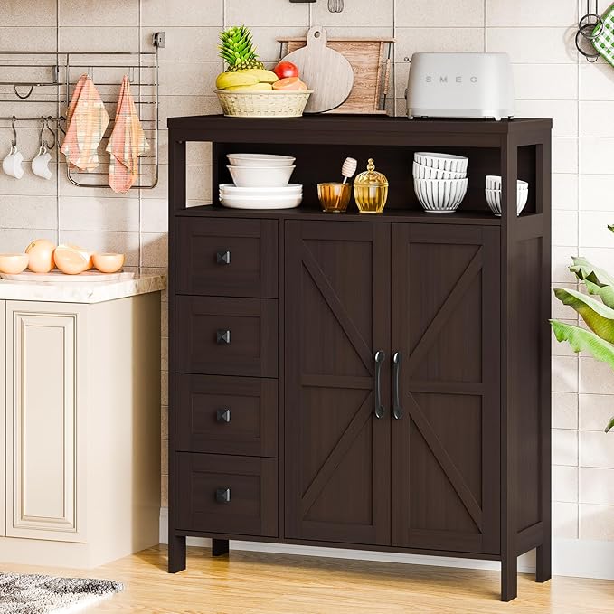 Vabches Farmhouse Storage Cabinet with 2 Doors and 4 Drawers, Freestanding Bathroom Compartment Kitchen Pantry Cabinet, Floor Cupboard for Kitchen/Living Room/Bathroom, Espresso