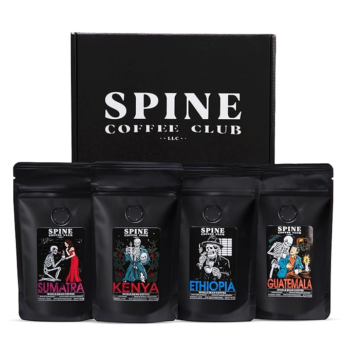 Spine Coffee Club LLC 4-Pack Gourmet Coffee Sampler Gift Box Set with Ethiopia, Sumatra, Guatemala, Kenya Single Origin Selection - Whole Bean