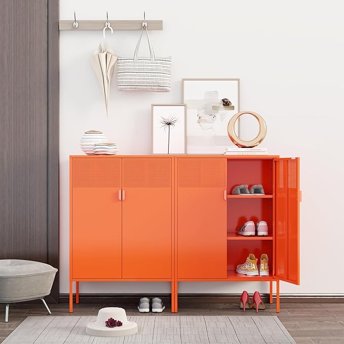 Metal Storage Cabinet,Kitchen Pantry Storage Cabinet,Metal Sideboard with 2 Doors and 2 Adjustable Shelves,Orange Locker Cabinet for Home,Bathroom,Hallway,Office,Dining Room