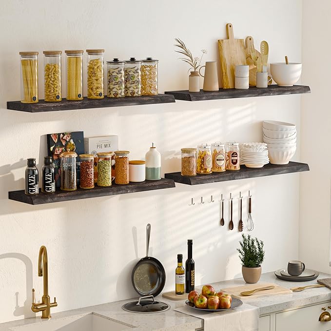Fun Memories Floating Shelves for Wall Decor, Rustic Solid Elm Wood Live Edge Floating Shelves Wall Mounted, Heavy-Duty Shelf with Invisible Bracket for Living Room Kitchen, 55 Inch Set of 1, Walnut