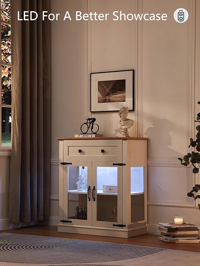 Modern 31.5'' Small Sideboard Buffet Cabinet with Storage,Small Coffee bar Cabinet with a Drawer and Adjustable Shelf,Glass Doors Sideboard Buffet with LED for Kitchen,Antique White