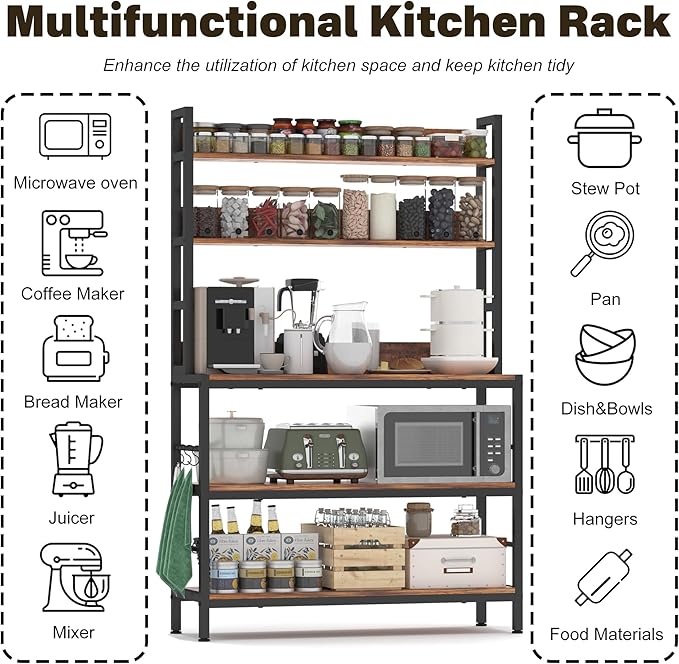 Kitchen Bakers Rack with Storage Shelves,5-Tier Free Standing Storage Shelf Rack with Hooks,Industrial Microwave Stand Shelf for Dining Room