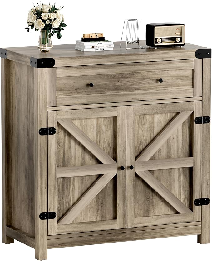 YESHOMY Coffee Bar and Accent Cabinet, Farmhouse Barn Door Buffet Sideboard with Drawer and Adjustable Shelf, Wide Desktop for Kitchen, Dining Room, Bathroom, Entryway, Oak