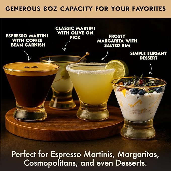 VEMACITY - Stemless Martini Glasses Set of 4 with Gold Rims & Bar Tools - Crystal Cocktail Glasses for Espresso Martinis, Margaritas - Includes Gold Jigger & 4 Picks | Ideal for Christmas & New Years