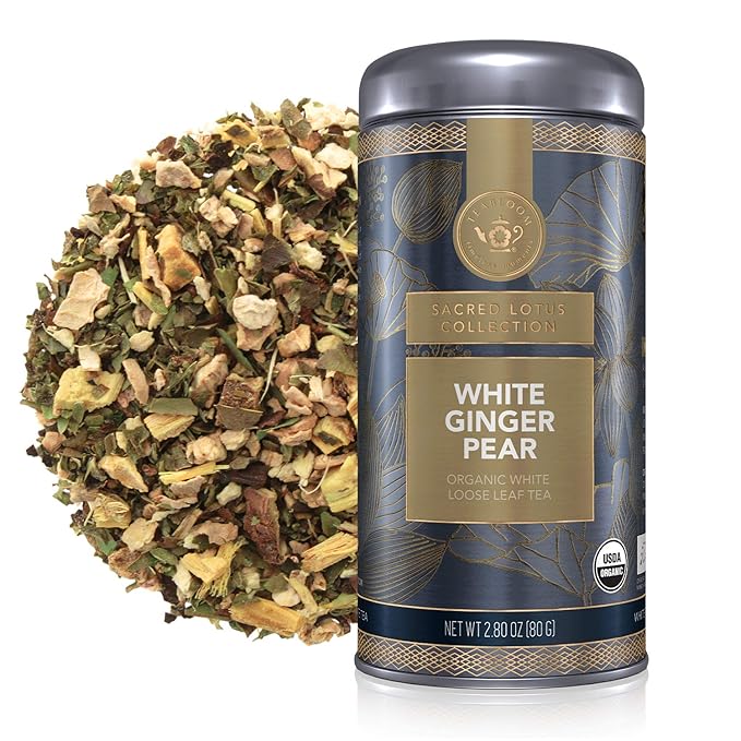 Teabloom Organic White Tea, White Ginger Pear Loose Leaf Tea, Distinctive and Delicate White Tea, USDA Certified Organic and Kosher Certified, 2.80 oz/80 g Canister Makes 35-50 Cups