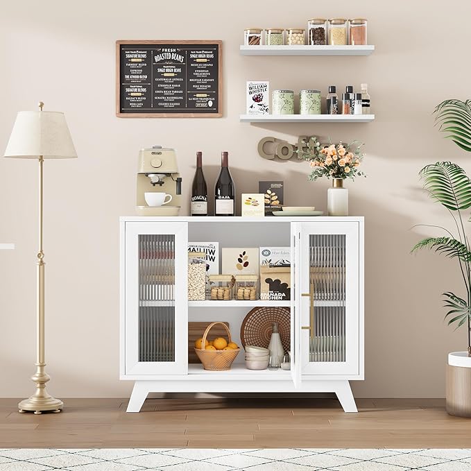 GarveeHome 36 Inch Coffee Bar Buffet Cabinet with Fluted Glass Doors and Gold Handles, Modern Sideboard Storage with Adjustable Shelves, for Kitchen Dining Room Living Room Entryway, White