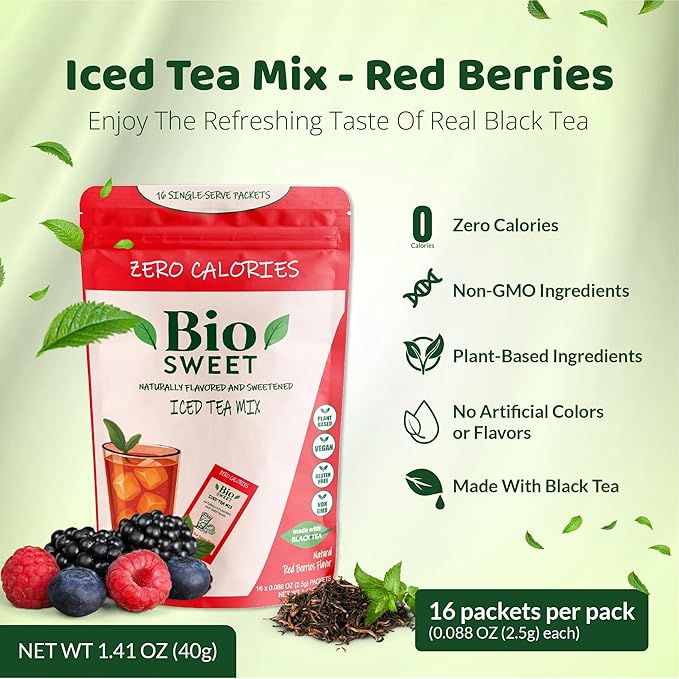 BioSweet Iced Tea Mixes - Red Berries Flavor | Zero Calorie Mix from Real Black Tea | Naturally Sweetened & Flavored | Non GMO, Gluten Free, Vegan (16 single-serve packets)