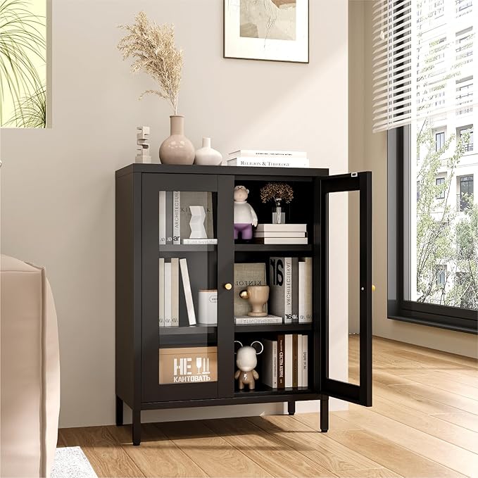 Metal Bathroom Cabinet, Small Floor Storage Cabinet, Freestanding Sideboard with 2 Adjustable Shelves for Living Room, Dinging Room (Black, 31.5" H-2 Doors)