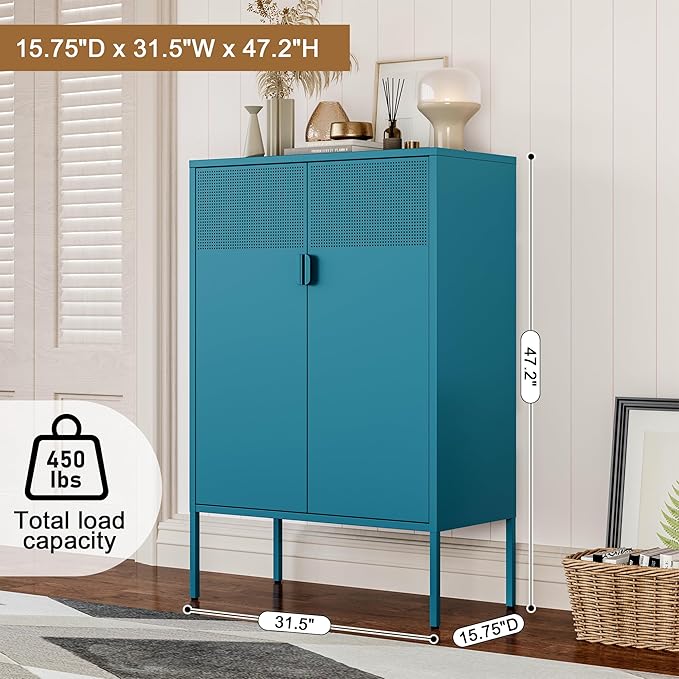 Metal Storage Cabinet,Kitchen Pantry Storage Cabinets with Doors,Buffet Cabinet with 2 Adjustable Shelves,Blue Pantry Cabinets,Steel Sideboard for Home,Shoes,Office,Dining Room
