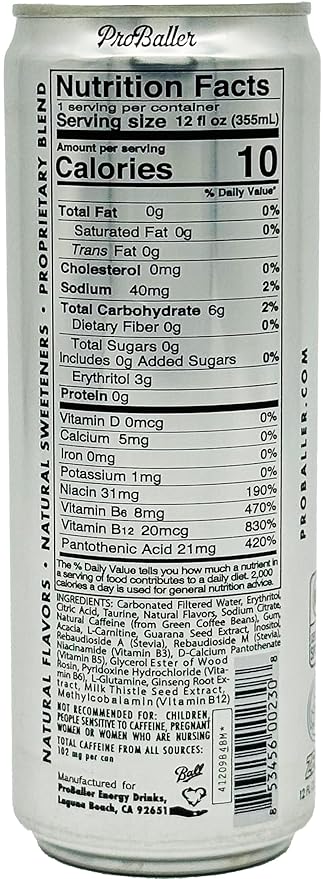 ProBaller Ultra Premium Zero Sugar Energy Drink - Natural & Clean NSF Certified Sport Drink with Amino Acids, Taurine, Biotin, Vitamin B 12 Methylcobalamin, & Electrolytes - 15 Pack - Citrus