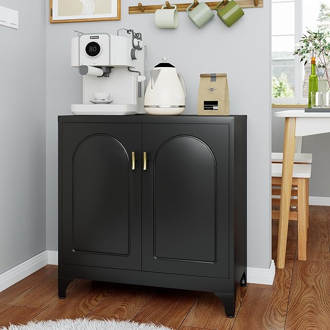 Buffet Cabinet with Storage, 33" H Side Board Storage Cabinet with Doors and Shelves, Metal Sideboard Cabinets for Dining Room, Living Room, Assembly Required, Black