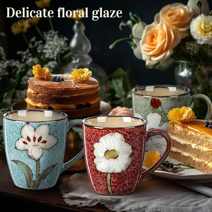 Maxdot 4 Pcs 12oz Ceramic Coffee Mugs Sets Glazing Process Cappuccino Mug Floral Ceramic Tea Cups Christmas Housewarming Idea Gift for Women Porcelain Cup for Coffee, Cocoa, Tea, Latte (Classic)