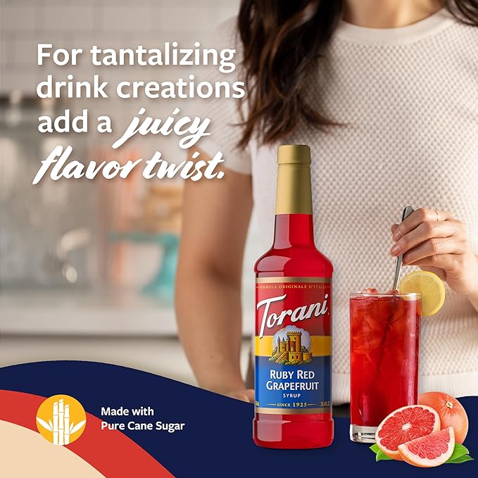 Torani Ruby Red Grapefruit Syrup for Drinks, Flavoring for Sodas and Cocktails, Pump Included, 25.4 Oz