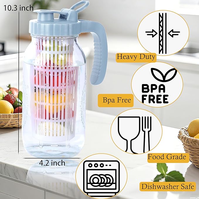 Half Gallon Glass Pitcher With Infuser Lid 2 Quart Mason Ja Fruit Infused Cold Hot Water Pitcher 64 Oz Wide Mouth Sun Tea Jar For Outside For Fridge Lemonade, Beverage,Milk,Juice, Cold Brew Container