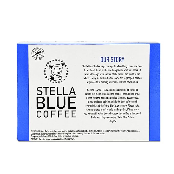 Stella Blue Coffee Pods, Big Cat Blend, Medium Roast Caramel Hazelnut, Fruity Notes 100% Arabica Beans, Ethically Sourced from Central and South America, 12 Recyclable K Cup Compatible Pods