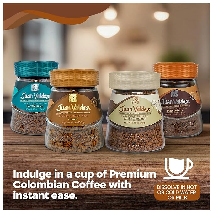 Juan Valdez Freeze-Dried Instant Coffee Bundle - Regular (3.5 oz), Decaf (3.5 oz), Dulce de Leche (3.35 oz) & Vanilla Cinnamon (3.35 oz) | 100% Colombian Arabica Beans | Premium Colombian Coffee