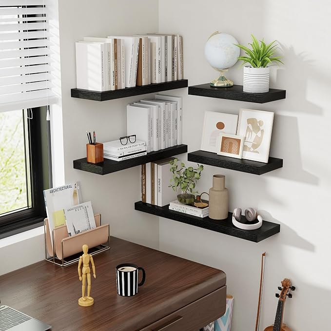 16 Inch Floating Shelves, 8 Inch Deep Floating Shelves for Wall, Hanging Shelf with Invisible Brackets, Deep Shelves for Bathroom, Bedroom, Living Room, Black, Set of 2
