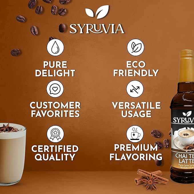 Syruvia Chai Tea Coffee Syrup - 25.4 fl oz. Ideal for Enhancing Drinks, Sodas, Shakes, Desserts, and More With Pump