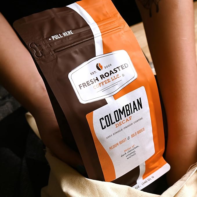 Fresh Roasted Coffee, 100% Colombian Decaf, 12 oz, Medium Roast, Kosher, EA Natural Decaf, Whole Bean