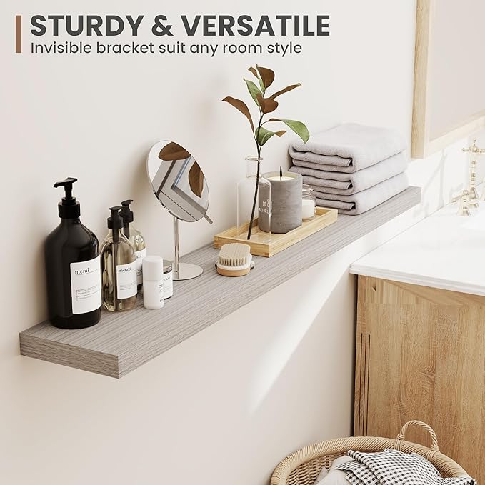 48 Inch Floating Shelves, 8 Inch Deep Floating Shelves for Wall, Hanging Shelf with Invisible Brackets, Deep Shelves for Bathroom, Bedroom, Living Room, Grey, Set of 1