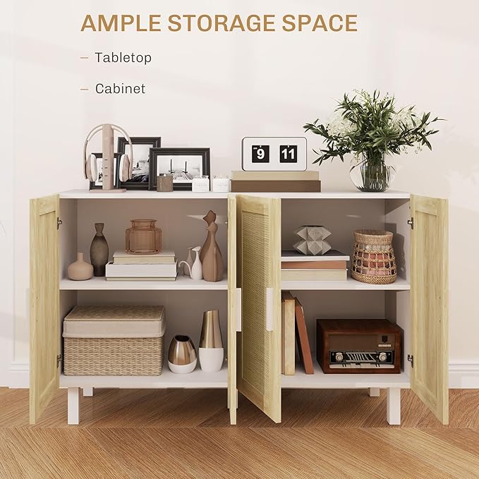 HOMCOM Boho Sideboard Buffet Cabinet, Coffee Bar Cabinet with 4 Rattan Doors and Adjustable Shelves for Kitchen, Living Room, White and Natural