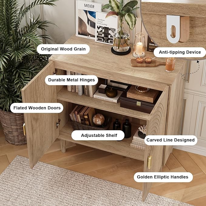 Sideboard Buffet Cabinet with Storage,Sideboard Buffet with Doors and Adjustable Shelf,Wooden Storage Cabinet, 31.3”W x 15.0”D x 30.6”H (Natural)