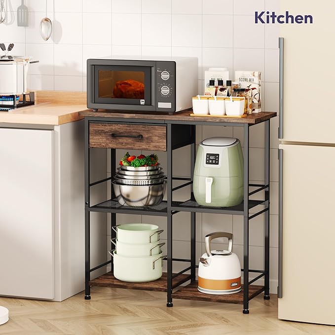 SWTYMIKI Bakers Rack with Storage - Coffee Bar Cabinet Organizer, Coffee Station for Kitchen Dining Room, Microwave Stand with Adjustable Feet, Espresso