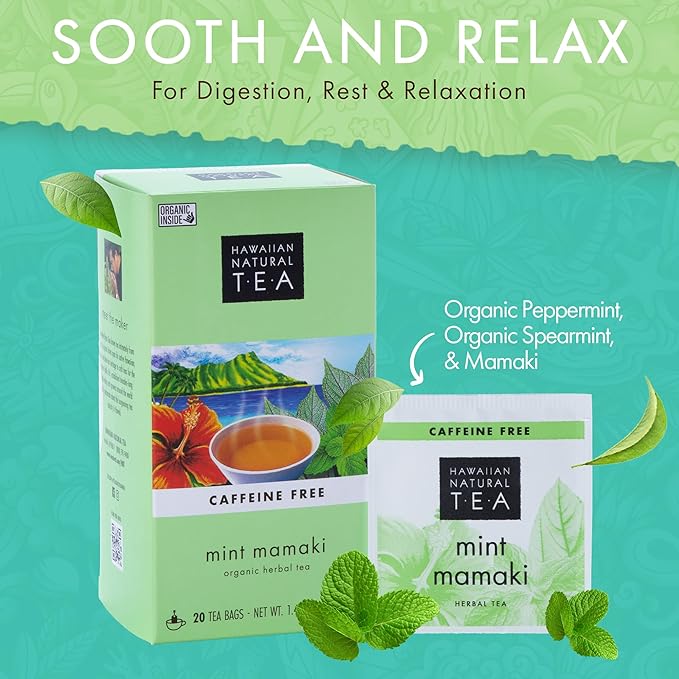 Hawaiian Natural Tea Organic Mamaki Mint Tea Blend - Caffeine Free Herbal Tea - Antioxidant-Rich, Calming, Wellness Tea for Bedtime, Anxiety & Stress - Gift for Tea Lovers - 120 Tea Bags