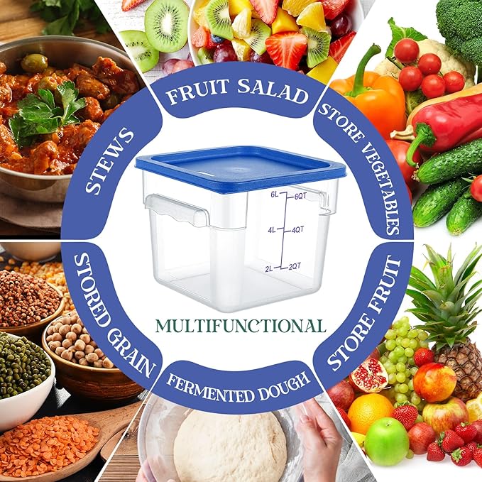 3 Sets 6 Qt Square Food Storage Containers with Lids Dough Proofing Bucket Commercial Polycarbonate Containers with Scale Clear Airtight Cereal for Pantry Home Restaurant (Blue)