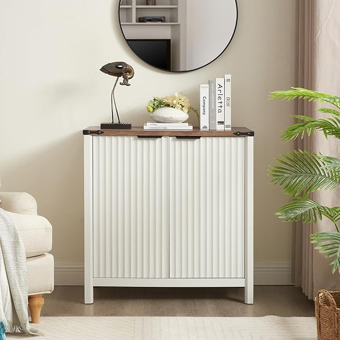 32-inch Fluted Sideboard Cabinet - Rustic Modern Farmhouse Storage Organizer with Adjustable Shelves, Coffee Bar, Entryway Furniture for Kitchen, Living Room (Antique White)