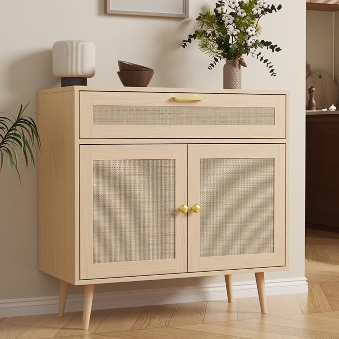 Rattan Sideboard Buffet, Boho Kitchen Cabinet with Drawer & 2 Doors, Modern Mid Century Accent Cabinet with Adjustable Shelf,Coffee Bar for Living Room, Entryway, Kitchen, Oak