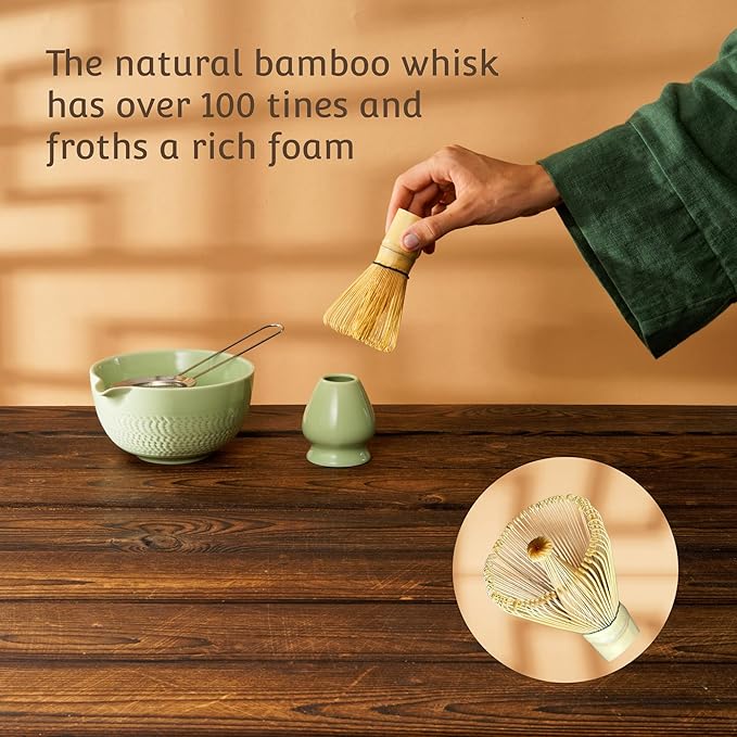 Matcha Whisk Set, Ceramic Bowl with Spout, Bamboo Whisk, Ceremonial Matcha Powder, Recipe Guide, Sifter, Holder, Scoop, Matcha Kit for Tea Lovers, Gift Box (Green)