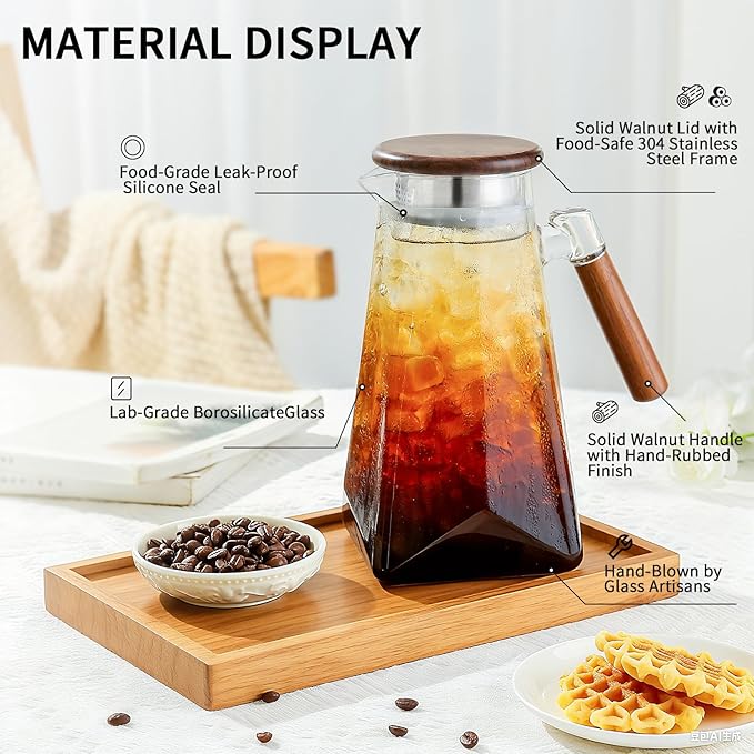1.8 Liter 60 oz Glass Pitcher with Wooden Lid & Handle - Heat-Resistant Borosilicate Jug with Trident Star Design, Perfect for Iced Tea, Lemonade, Cold Brew & Party Drinks (Clear, 60 oz)
