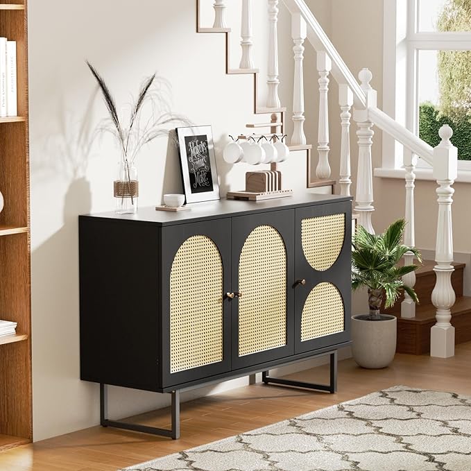 Vabches Sideboard Buffet Cabinet with Rattan Doors, 3 Doors Accent Sideboard, Coffee Bar Cabinet with Metal Legs for Living Room, Hallway, Entryway Natural (Black, 3 Doors)