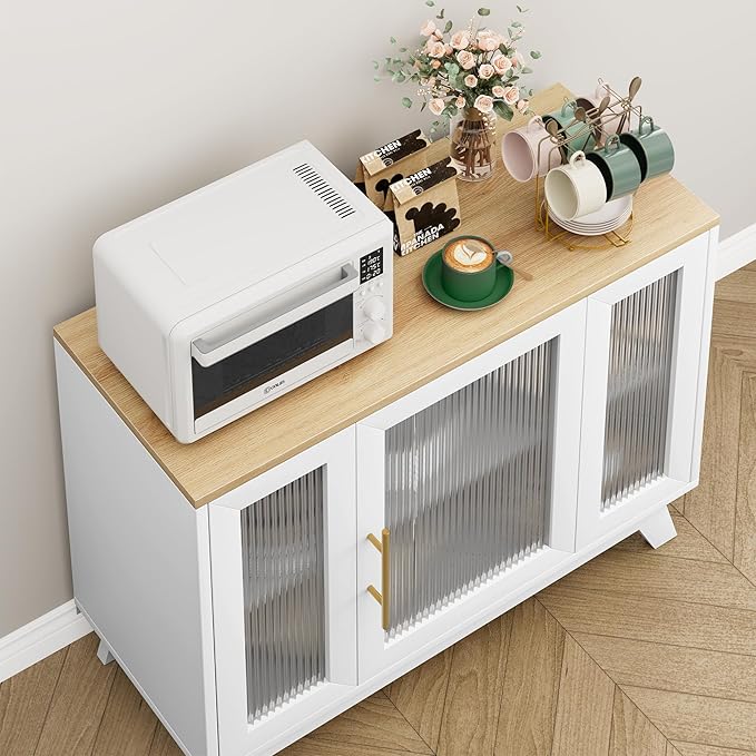GarveeHome 36 Inch Coffee Bar Buffet Cabinet with Fluted Glass Doors and Gold Handles, Modern Sideboard Storage with Adjustable Shelves, for Kitchen Dining Room Living Room Entryway