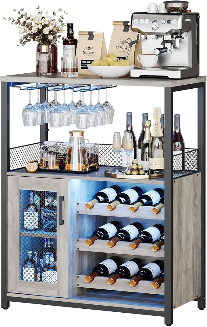 Vintage 3-Tier Wine Bar Cabinet with Adjustable Shelves, Glass Holders, Mesh Door, Small Buffet Sideboard Liquor & Coffee Bar Cabinet for Kitchen, Dining Room, Living Room