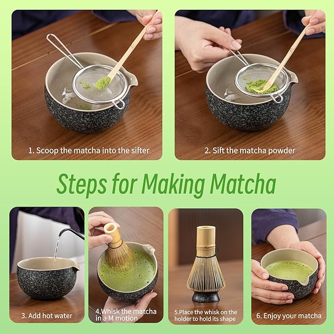 TEANAGOO Matcha Whisk Set Black,7 Pcs Matcha Set,Matcha Kit for Ceremony,Tradition Tea Set for Making Breakfast/Latte,Matcha Whisk Set with Bowl(Chawan)/Whisk and Holder,Gift for Family/Friend