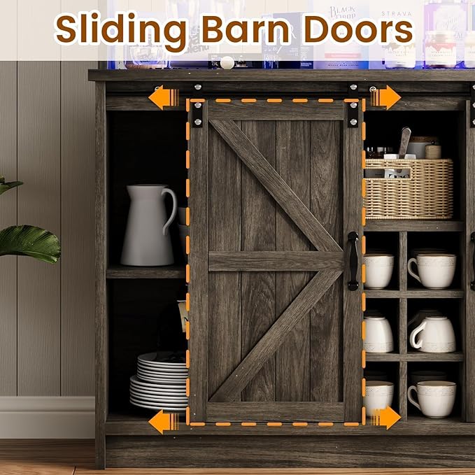 4ever2buy Farmhouse Coffee Bar with LED Lights, 47 inch Coffee Bar Cabinet with Storage, Wine Bar Cabinet with Glass & Wine Racks for Living, Dining Room, Grey