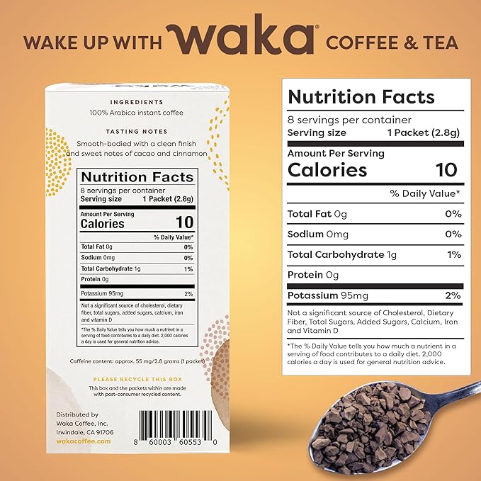 Waka Premium Instant Coffee Sachets — 100% Arabica Freeze Dried Beans — For Hot or Iced Coffee (8 Count, House Roast)