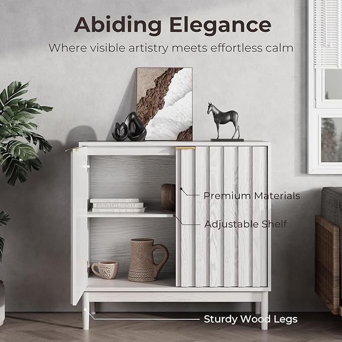 Fluted Cabinet with Storage, Buffet Cabinet Sideborad with 2 Doors, White Buffet Storage Accent Cabinets with Adjustable Shelves for Living Room, Entry, Hallway, Kitchen