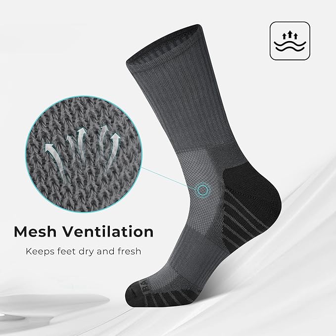 BAMBOO COOL Men's Crew Socks Athletic Running Sports Socks, Cushioned Moisture Wicking, Breathable Arch Support 6 Pack