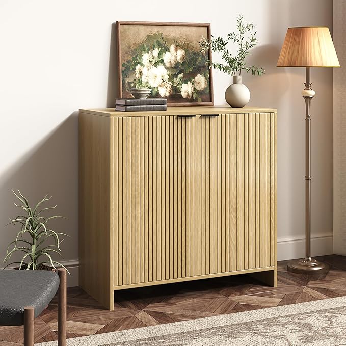 31.5" Fluted Buffet Cabinet with Storage, Sideboard Buffet Storage Cabinet with 2 Doors and Adjustable Shelves, Wood Mid-Century Media Console Coffee Bar Table for Living Room ,Kitchen, Entryway