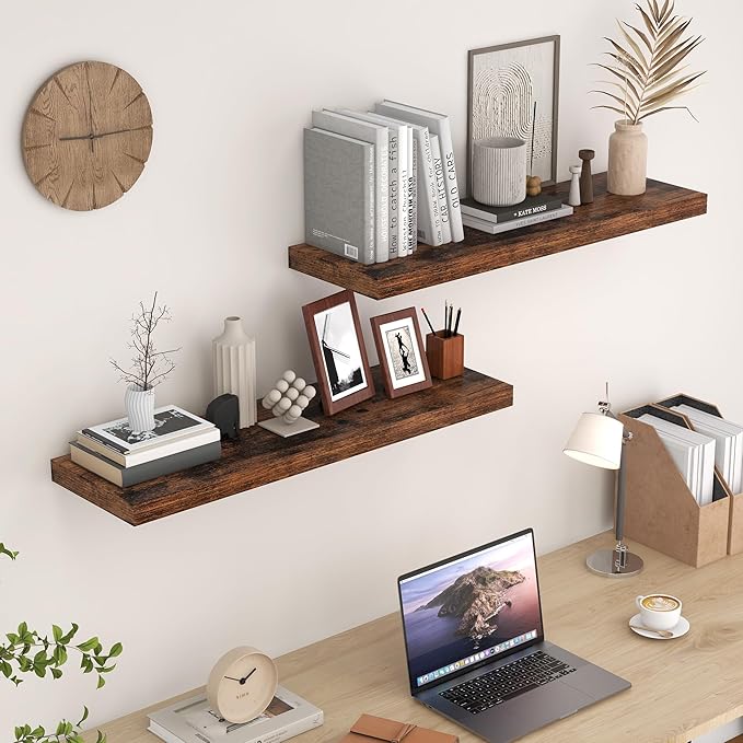 Floating Shelves for Wall, 36 x 9.3 Large Floating Shelf Wall Mounted Set of 2, Rustic Wood Shelves for Bathroom, Kitchen, Living, Heavy-Duty Storage Deep Shelf for Books, Decor, Rustic Brown