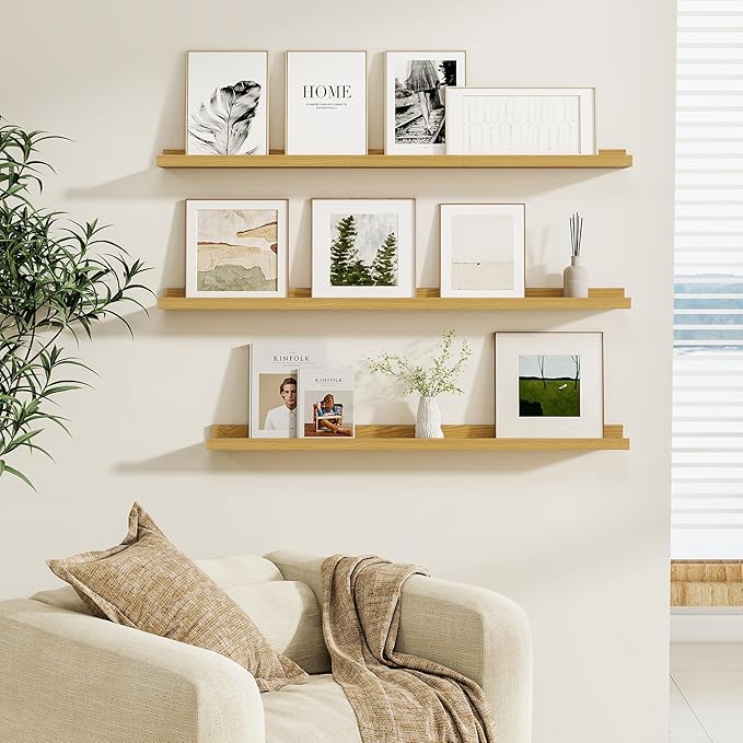 Fun Memories Picture Ledge Shelf, Floating Shelves Set of 4, 40 Inch Picture Shelves for Wall with Ledge, Large Nursery Book Shelf for Toys Storage, Living Room, Bedroom Decor Frames, Oak
