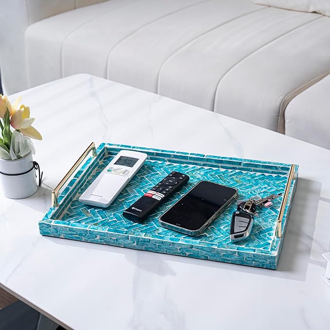 PEMAR Capiz Shell Decorative Tray with Gold Handles – 15.7"x11.8" Rectangular Display & Serving Tray for Vanity, Dresser, Bathroom (Mosaic Herringbone)